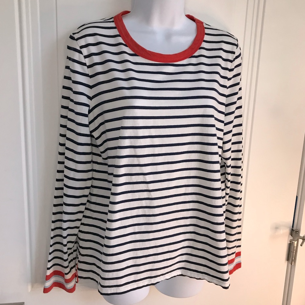 Boden Navy Striped Long Sleeve Tee with Red Trim